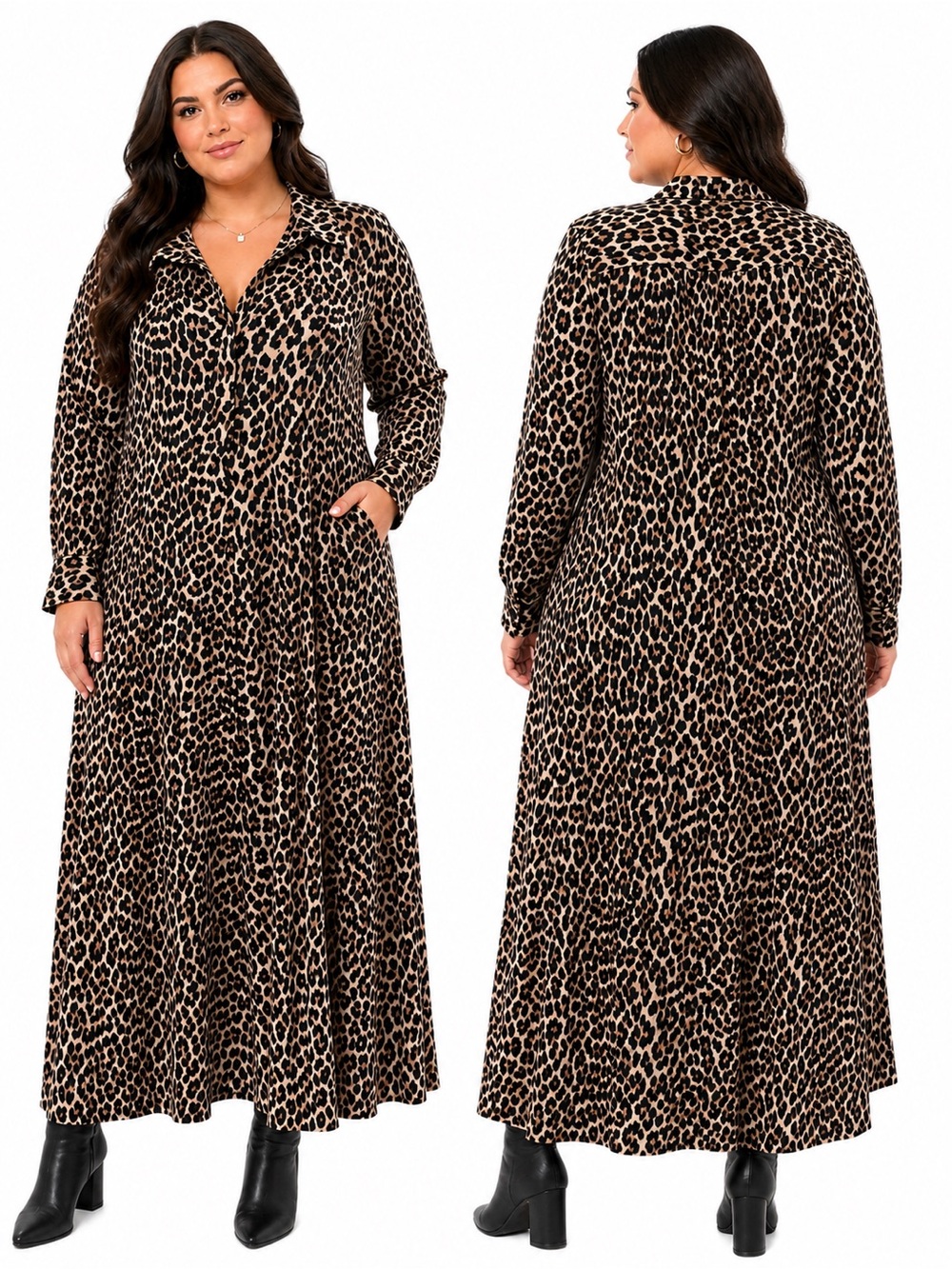 Leopard Print Maxi Shirt Dress - Women's Tan/Black